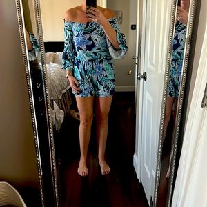 Lilly Pulitzer off the shoulder romper. Blue floral print size S